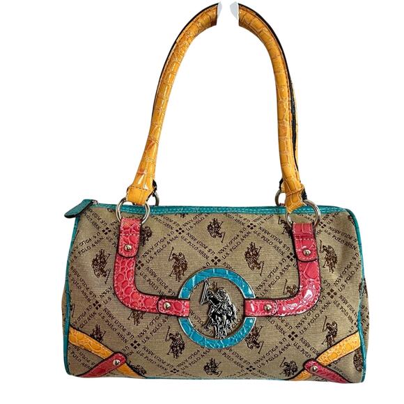 U.S. Polo Assn. Handbags - U.S. Polo Assoc. Vintage Barrel Bag with Orange Faux Leather Handles 90s 2000s